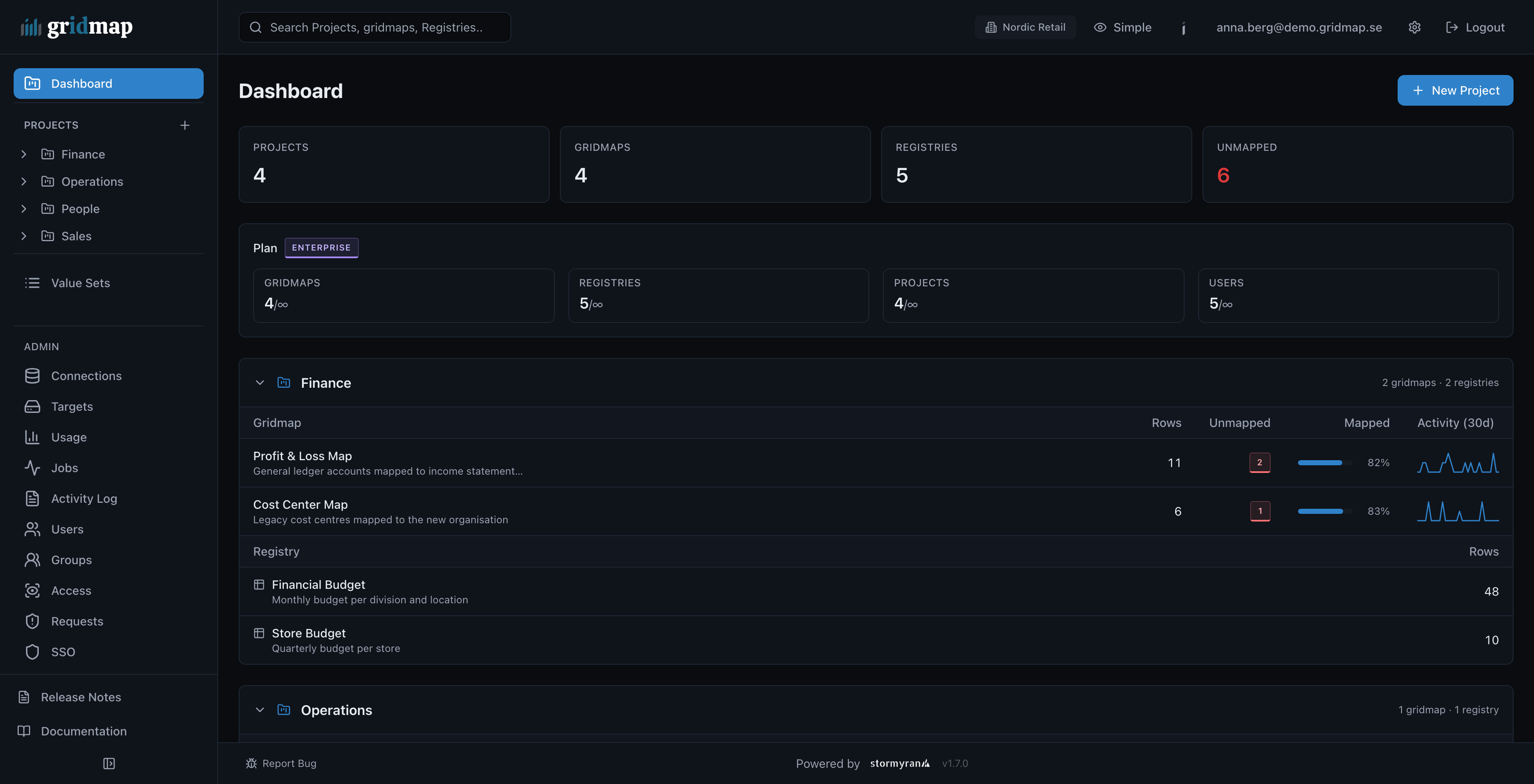 gridmap dashboard with projects, gridmaps, registries and unmapped counts