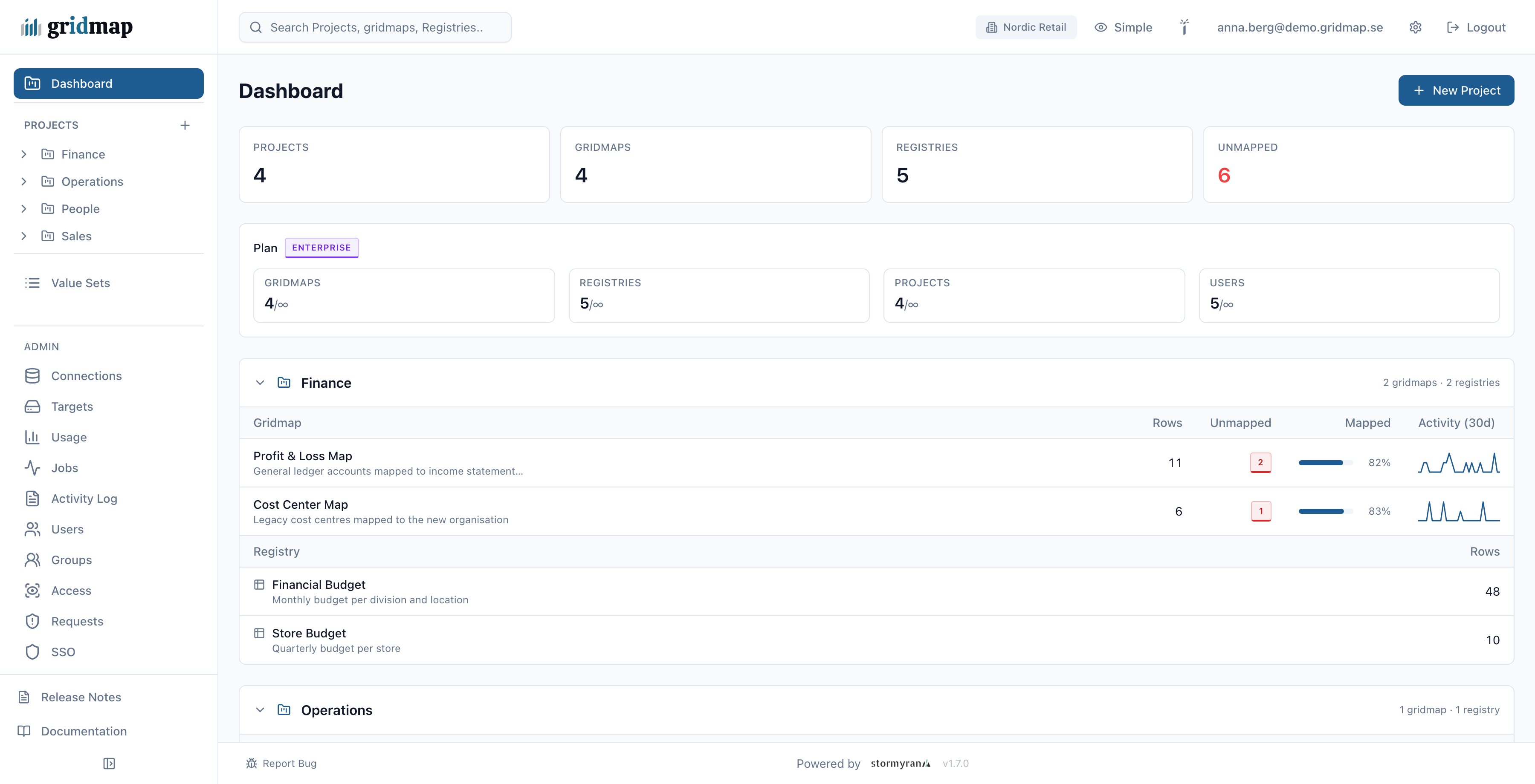 gridmap dashboard with projects, gridmaps, registries and unmapped counts