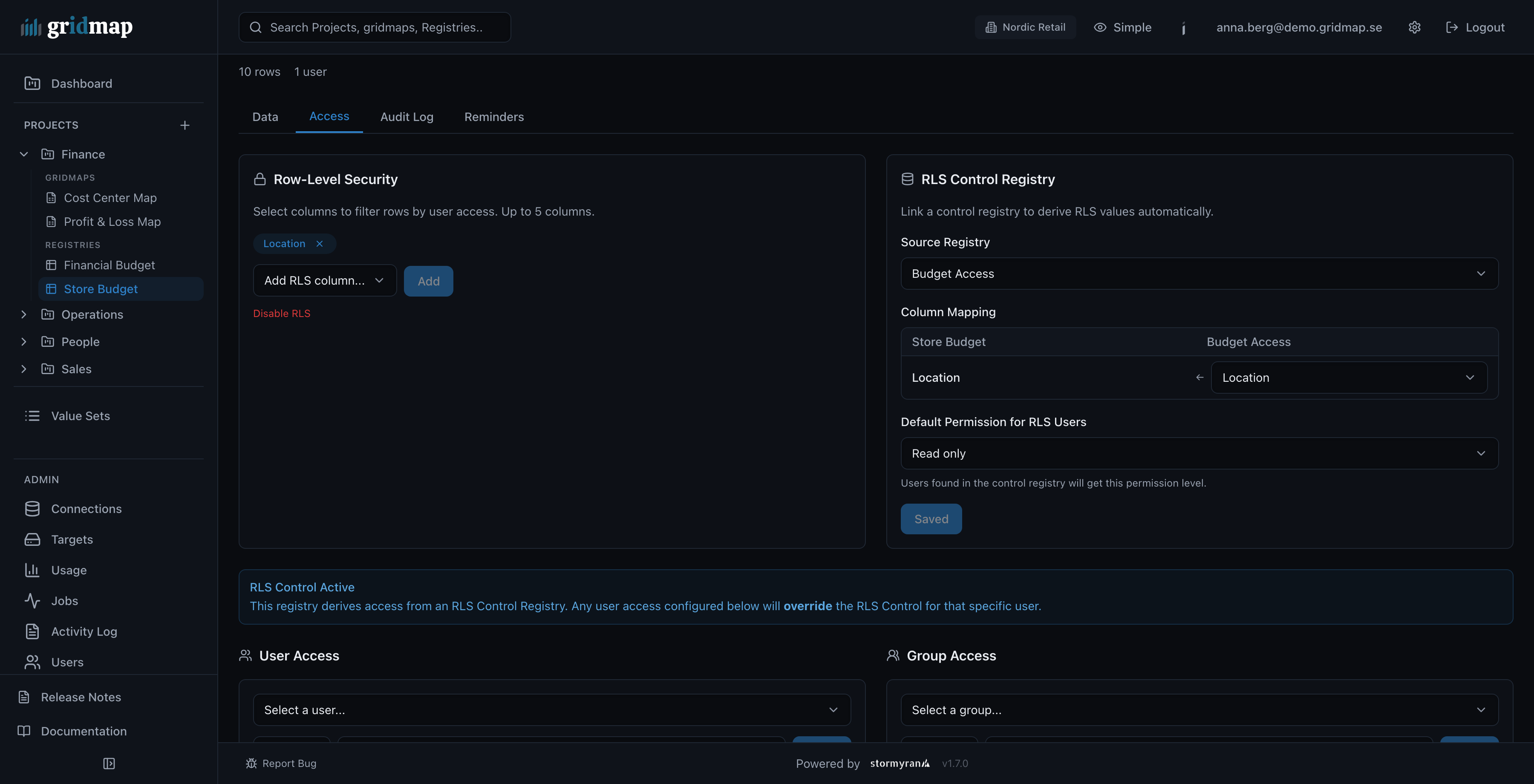 Row-level security in gridmap, scoped per user