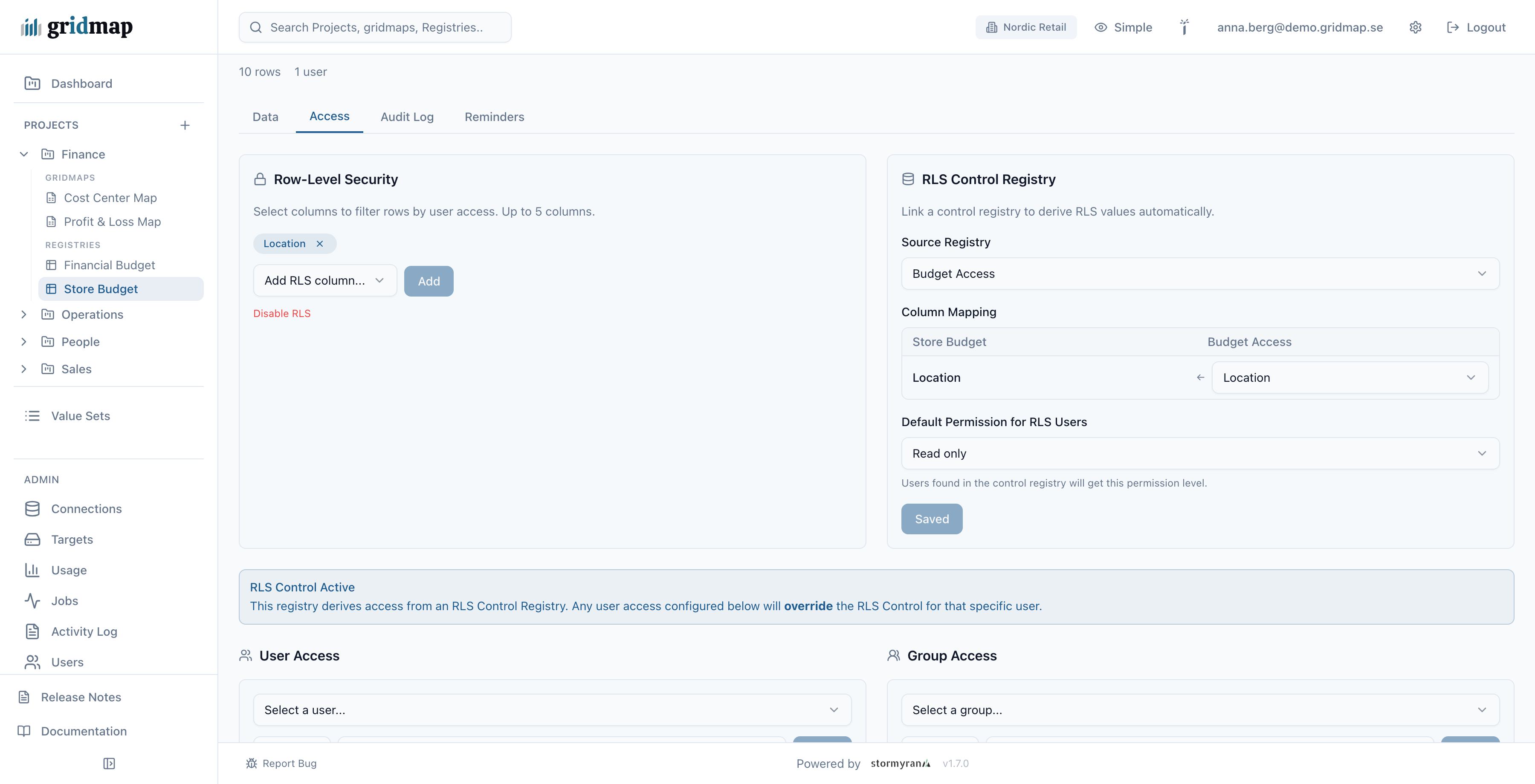 Row-level security in gridmap, scoped per user